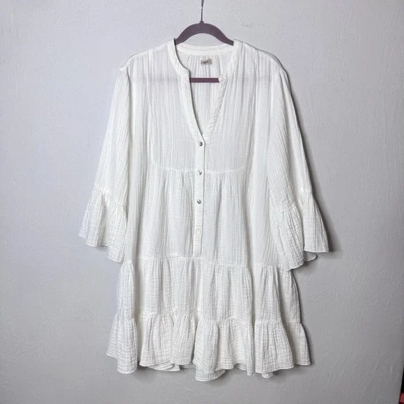Faherty Kasey Organic Cotton Gauze Dress Sz L Tiered White Boho Cottage READ - Picture 2 of 16